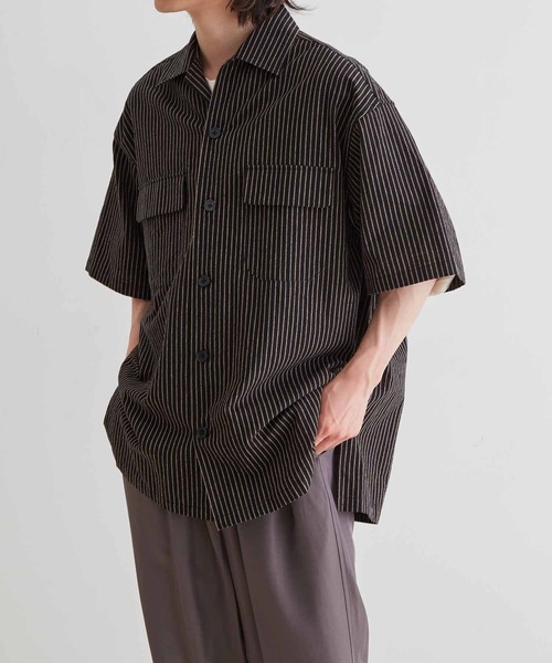 ADAM ET ROPE'(アダムエロペ)の「《FINAL PRICE》【WEB限定】麻混 ストライプ オープンカラー ワーク シャツ / 半袖 / ボックス ワイド / ユニセックス(シャツ/ブラウス・メンズ・ブラック/ベージュ/ブルー・M/L)」の16枚目の写真