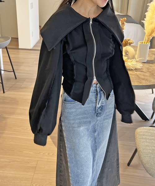 Jewelobe（ジュエローブ）の「ワイドカラージップアップトレーナー（ブルゾン・レディース・ホワイト/ブラック・FREE）」の3枚目の写真