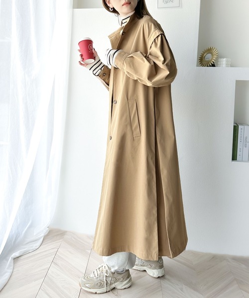 classicalelf（クラシカルエルフ）の「Aラインシルエットでお洒落＆上級見え。タックロングコート（トレンチコート・レディース・グレイッシュベージュ/ベージュ・LARGE/MEDIUM/SMALL/X-LARGE）」の4枚目の写真