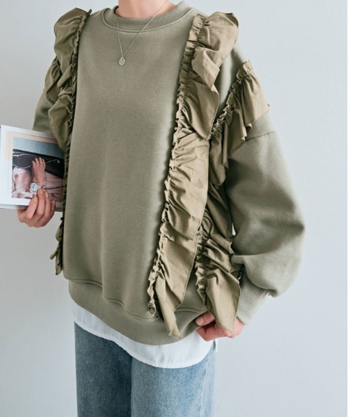 kirakiraShop(キラキラショップ)の「裏起毛 ラッフル スウェット プルオーバー(スウェット・レディース・オフホワイト/ブラック/杢グレー/チャコール/ネイビー/カーキ・FREE)」の5枚目の写真