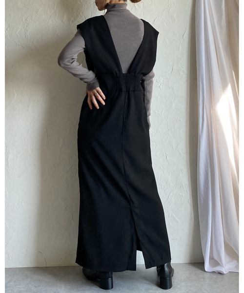 She's Closet（シーズクローゼット）の「ハイウエスト深Vネックロングジャンパースカートワンピース（ジャンパースカート・レディース・ブラック/ブラウン・FREE）」の16枚目の写真