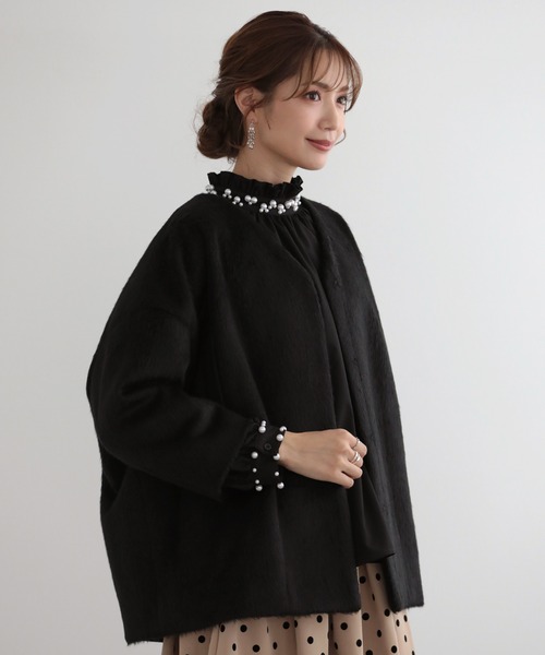 セン　Cen.　レディース　ノーカラーポンチョコート　F　ブラック MERAKI（メラキ）の「[MERAKI]2WAYノーカラーポンチョコート