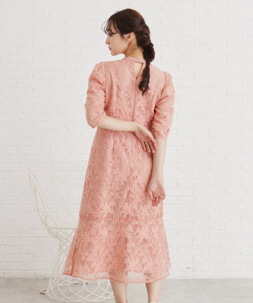 ワンピース レース 刺繍 ラウンドネック シアー感 5分袖S/L ワンピース 膝丈 レディース 春夏 五分袖 ミモレ丈ワンピース