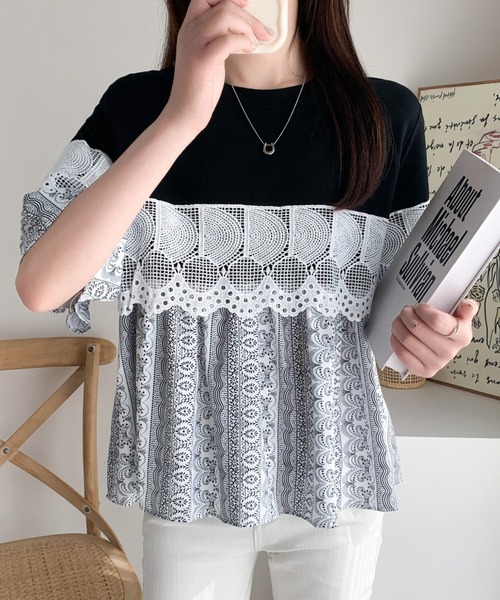 Diosfront（ディオスフロント）の「異素材ドッキングペプラムフレアブラウス（シャツ/ブラウス・レディース・グレー/ブラック/ホワイト・FREE）」の8枚目の写真