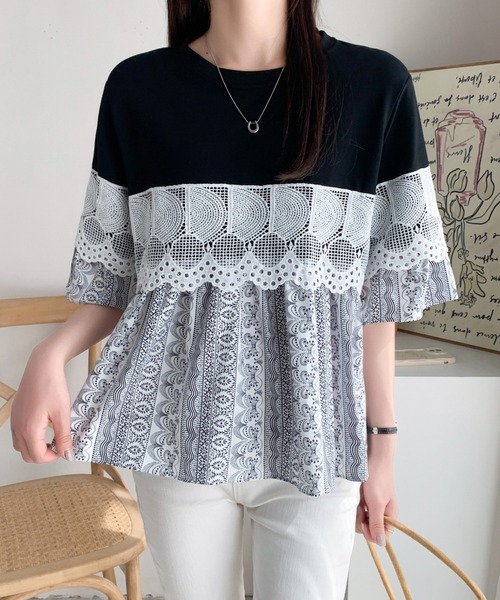 Diosfront（ディオスフロント）の「異素材ドッキングペプラムフレアブラウス（シャツ/ブラウス・レディース・グレー/ブラック/ホワイト・FREE）」の6枚目の写真