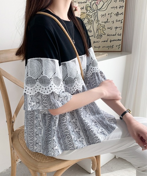 Diosfront（ディオスフロント）の「異素材ドッキングペプラムフレアブラウス（シャツ/ブラウス・レディース・グレー/ブラック/ホワイト・FREE）」の5枚目の写真