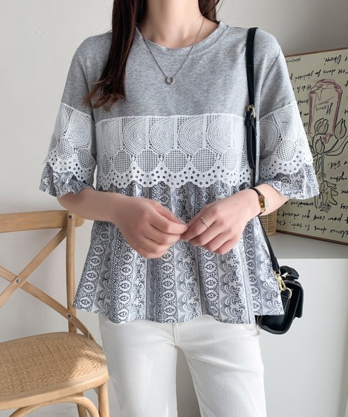 Diosfront（ディオスフロント）の「異素材ドッキングペプラムフレアブラウス（シャツ/ブラウス・レディース・グレー/ブラック/ホワイト・FREE）」の16枚目の写真