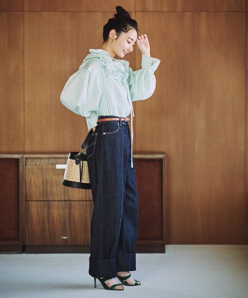 TITE IN THE STORE（ティテ　インザ　ストア）の「フリル衿ストライプブラウス（Tシャツ/カットソー・レディース・レッド/ブルー・FREE）」の7枚目の写真