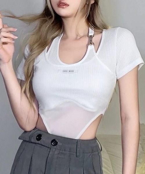 LADY LIKE（レディライク）の「レイヤードシアーボディスーツ（Tシャツ/カットソー・レディース・ホワイト/ブラック・M）」の2枚目の写真