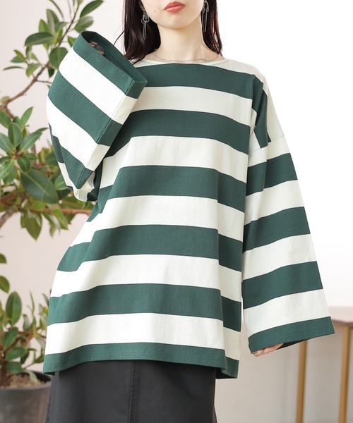 LEPSIM(レプシィム)の「袖ワイドボーダープルオーバー 131549(Tシャツ/カットソー・レディース・ブラック/パープル/ワインレッド/グリーン・FREE)」の3枚目の写真