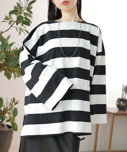 LEPSIM(レプシィム)の「袖ワイドボーダープルオーバー 131549(Tシャツ/カットソー・レディース・ブラック/パープル/ワインレッド/グリーン・FREE)」の6枚目の写真