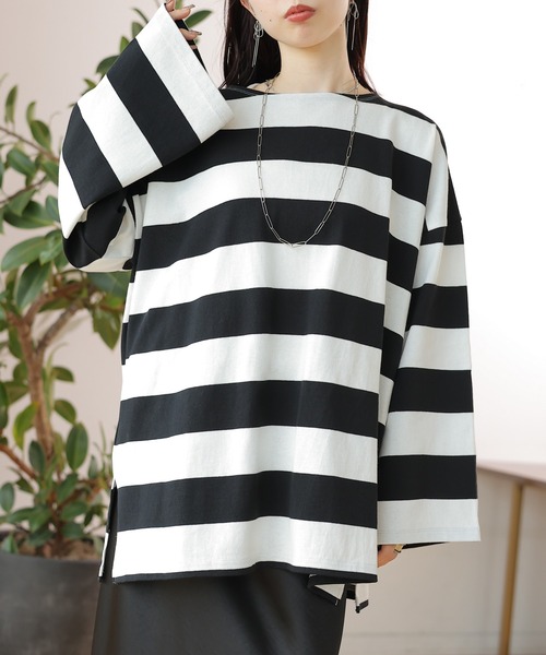 LEPSIM(レプシィム)の「袖ワイドボーダープルオーバー 131549(Tシャツ/カットソー・レディース・ブラック/パープル/ワインレッド/グリーン・FREE)」の7枚目の写真