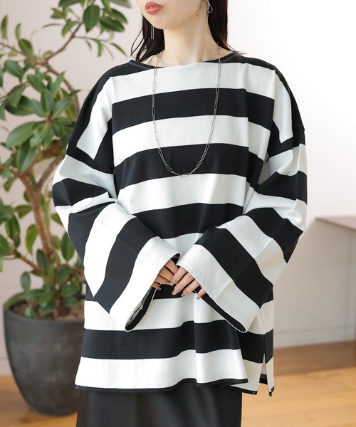 LEPSIM(レプシィム)の「袖ワイドボーダープルオーバー 131549(Tシャツ/カットソー・レディース・ブラック/パープル/ワインレッド/グリーン・FREE)」の5枚目の写真