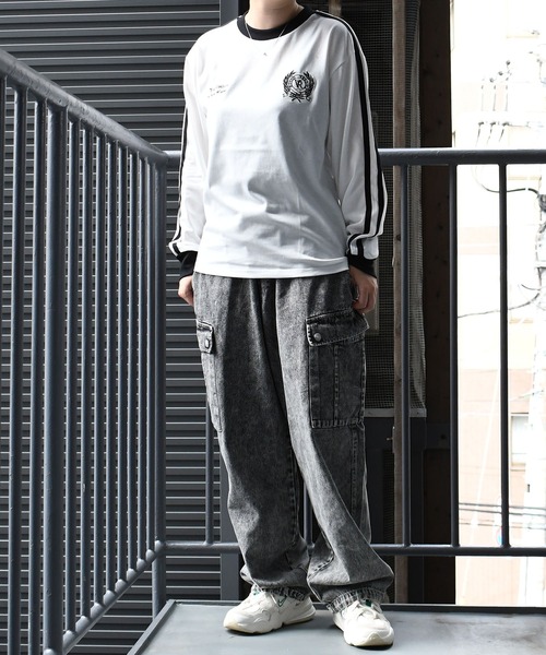 おしゃれスタ（オシャレスタ）の「oversize sleeve line ringer long sleeve T-shirt/オーバーサイズ 袖ライン フロント刺繍 リンガー ロングスリーブTシャツ【IR】 オーバーサイズ メンズ レディース（Tシャツ/カットソー・メンズ・ブラック/ブラック系その他/ホワイト系その他/ホワイト・M/L/XL/S）」の18枚目の写真