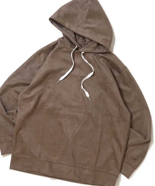 おしゃれスタ（オシャレスタ）の「faux suede switching design cutsew/スウェードタッチ 切り替えデザイン  パーカー オーバーサイズ メンズ レディース（パーカー・メンズ・ブラック/グレイッシュベージュ/サックスブルー/チャコールグレー/オフホワイト・L/XL/M）」の4枚目の写真