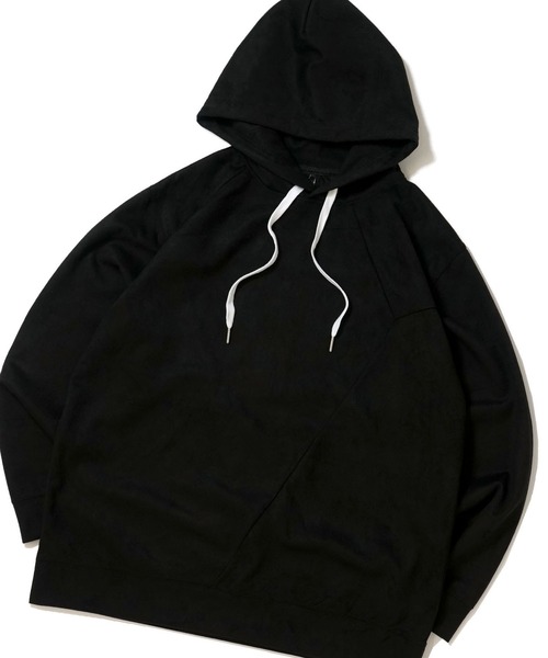 おしゃれスタ（オシャレスタ）の「faux suede switching design cutsew/スウェードタッチ 切り替えデザイン  パーカー オーバーサイズ メンズ レディース（パーカー・メンズ・ブラック/グレイッシュベージュ/サックスブルー/チャコールグレー/オフホワイト・L/XL/M）」の3枚目の写真