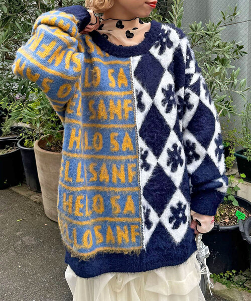 HELLO.SANFRANCISCO（ハローサンフランシスコ）の「【HELLO.SANFRANCISCO/ハローサンフランシスコ】柄ドッキング起毛ニット（ニット/セーター・レディース・レッド/オレンジ/ネイビー・ONE SIZE）」の2枚目の写真