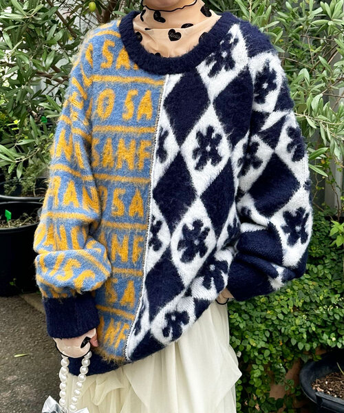 HELLO.SANFRANCISCO（ハローサンフランシスコ）の「【HELLO.SANFRANCISCO/ハローサンフランシスコ】柄ドッキング起毛ニット（ニット/セーター・レディース・レッド/オレンジ/ネイビー・ONE SIZE）」の4枚目の写真