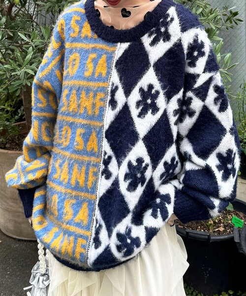 HELLO.SANFRANCISCO（ハローサンフランシスコ）の「【HELLO.SANFRANCISCO/ハローサンフランシスコ】柄ドッキング起毛ニット（ニット/セーター・レディース・レッド/オレンジ/ネイビー・ONE SIZE）」の6枚目の写真