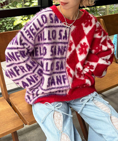 HELLO.SANFRANCISCO（ハローサンフランシスコ）の「【HELLO.SANFRANCISCO/ハローサンフランシスコ】柄ドッキング起毛ニット（ニット/セーター・レディース・レッド/オレンジ/ネイビー・ONE SIZE）」の11枚目の写真