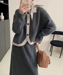 配色ニットカーディガンセットアップ
