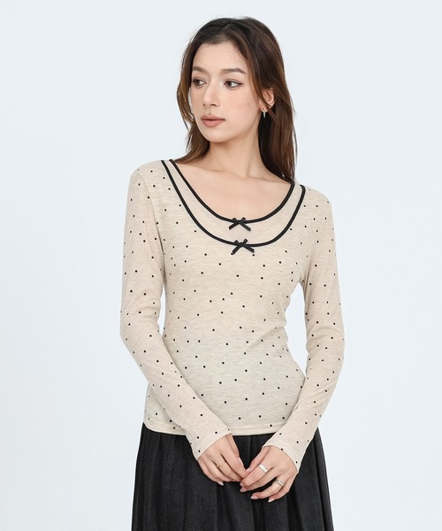 SUWDEE（スーディー）の「dot ribbon fake layered tops cutsew（Tシャツ/カットソー・レディース・ベージュ・M/S/L）」の3枚目の写真