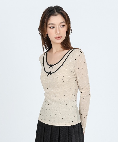 SUWDEE（スーディー）の「dot ribbon fake layered tops cutsew（Tシャツ/カットソー・レディース・ベージュ・M/S/L）」の4枚目の写真