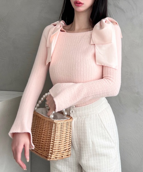 肩リボンミニシャギーニットトップス（ニット/セーター）｜ROYAL PARTY（ロイヤルパーティー）