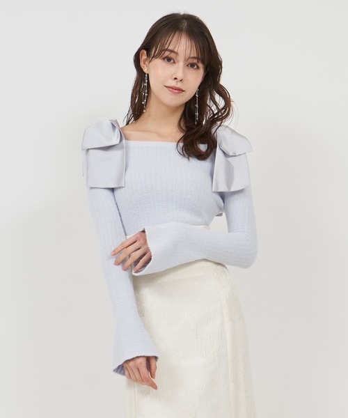 ROYAL PARTY（ロイヤルパーティー）の「肩リボンミニシャギーニットトップス（ニット/セーター・レディース・ブルー/オフホワイト/ピンク・FREE）」の19枚目の写真