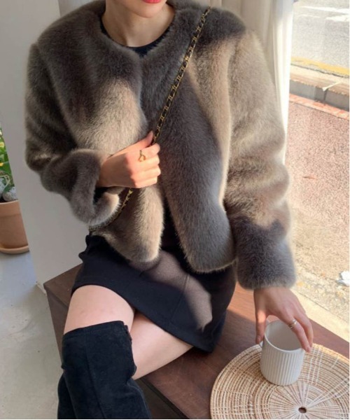 AMELY（エミリー）の「エコファー ノーカラージャケット（ノーカラージャケット・レディース・ブラウン/ベージュ/ブラック/グレー・フリー）」の3枚目の写真