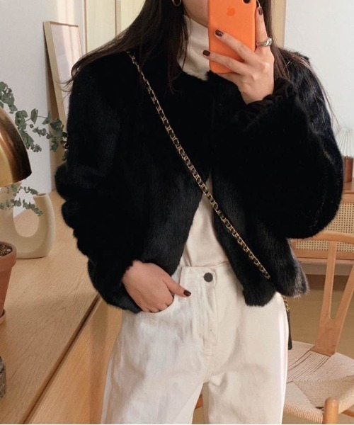 AMELY（エミリー）の「エコファー ノーカラージャケット（ノーカラージャケット・レディース・ブラウン/ベージュ/ブラック/グレー・フリー）」の2枚目の写真