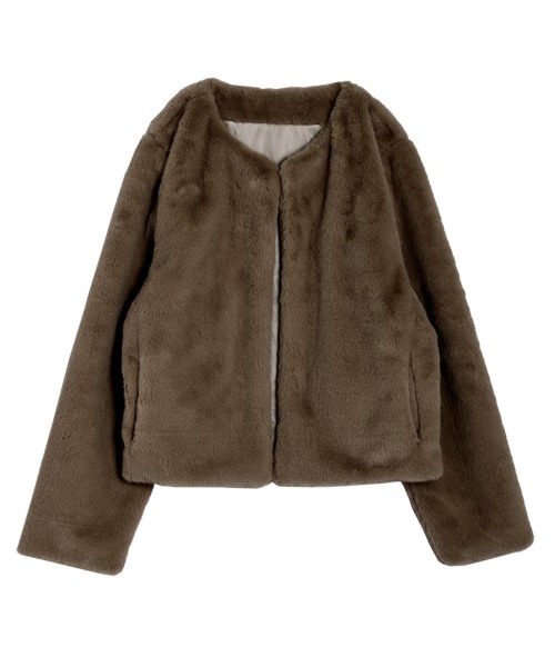 AMELY（エミリー）の「エコファー ノーカラージャケット（ノーカラージャケット・レディース・ブラウン/ベージュ/ブラック/グレー・フリー）」の6枚目の写真