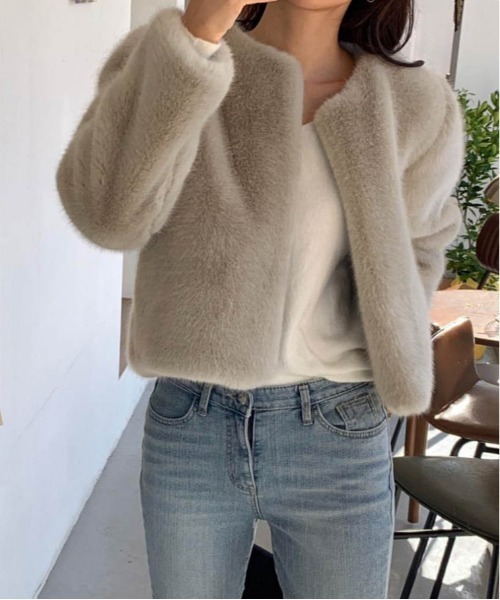 AMELY（エミリー）の「エコファー ノーカラージャケット（ノーカラージャケット・レディース・ブラウン/ベージュ/ブラック/グレー・フリー）」の12枚目の写真