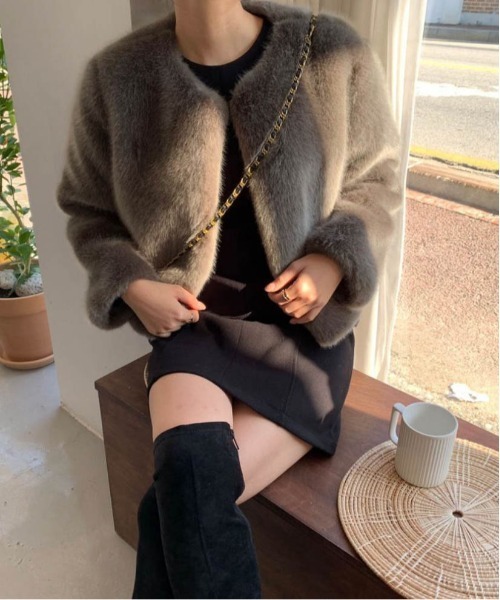 AMELY（エミリー）の「エコファー ノーカラージャケット（ノーカラージャケット・レディース・ブラウン/ベージュ/ブラック/グレー・フリー）」の7枚目の写真