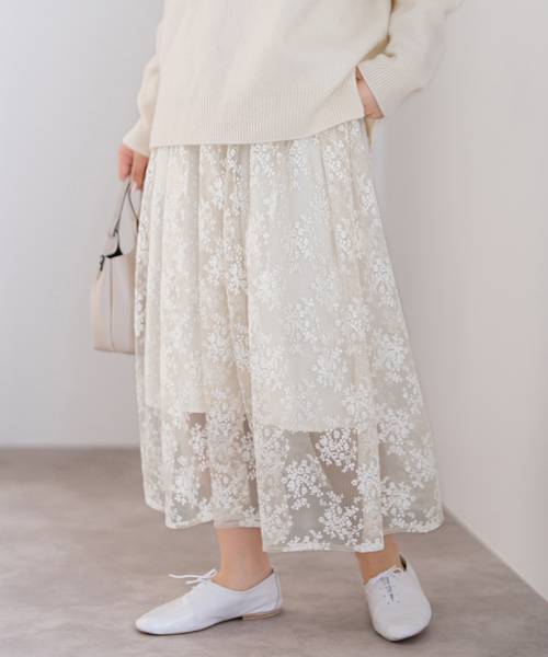 IENA（イエナ）の「シアーレースギャザースカート（スカート・レディース・ホワイト/ブラック・36/38）」の8枚目の写真