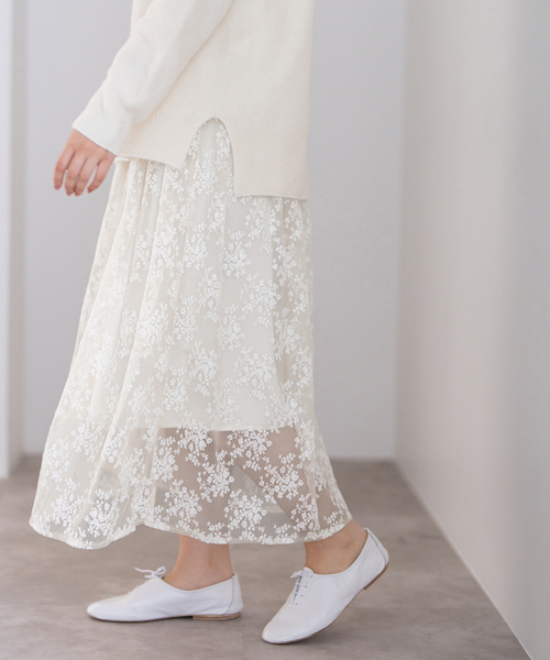 IENA（イエナ）の「シアーレースギャザースカート（スカート・レディース・ホワイト/ブラック・36/38）」の9枚目の写真