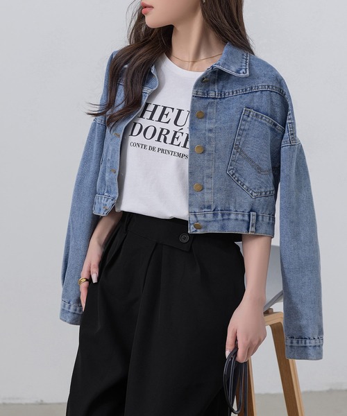 DAY CLOSET（デイ クローゼット）の「【大きいサイズ有/ショート丈】 長袖 ウォッシュ加工 ドロップショルダー デニムジャケット レディース（デニムジャケット・レディース・ライトブルー・XL/M/S/L）」の3枚目の写真