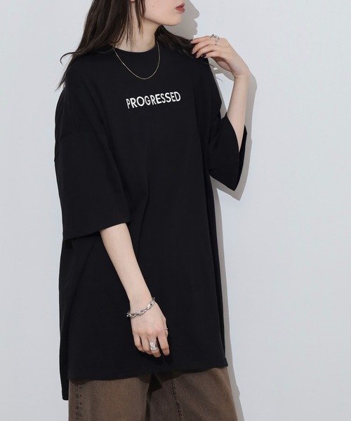 atONE（アットワン）の「胸元刺繍ロゴスーパーBIGサイズモックネックTシャツ（Tシャツ/カットソー・レディース・カーキ/ブラック/ホワイト・M/L）」の6枚目の写真