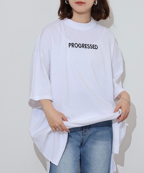 atONE（アットワン）の「胸元刺繍ロゴスーパーBIGサイズモックネックTシャツ（Tシャツ/カットソー・レディース・カーキ/ブラック/ホワイト・M/L）」の10枚目の写真