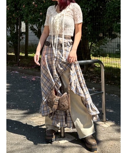 EVRIS（エヴリス）の「ランダムチェックアシンメトリースカート（スカート・レディース・グレー/ベージュ・SMALL/MEDIUM）」の3枚目の写真