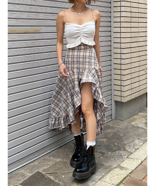 EVRIS（エヴリス）の「ランダムチェックアシンメトリースカート（スカート・レディース・グレー/ベージュ・SMALL/MEDIUM）」の5枚目の写真