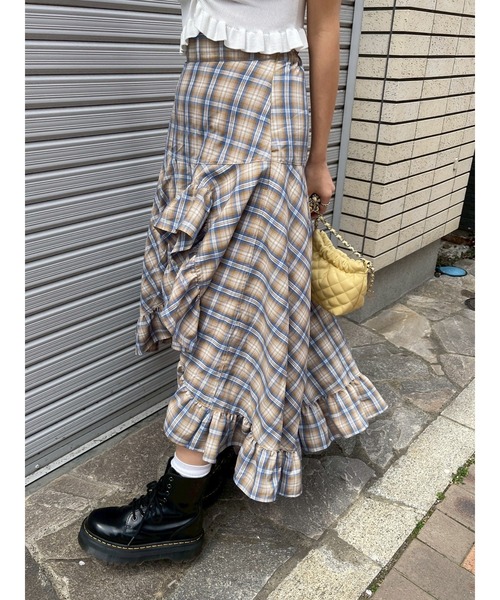 EVRIS（エヴリス）の「ランダムチェックアシンメトリースカート（スカート・レディース・グレー/ベージュ・SMALL/MEDIUM）」の8枚目の写真