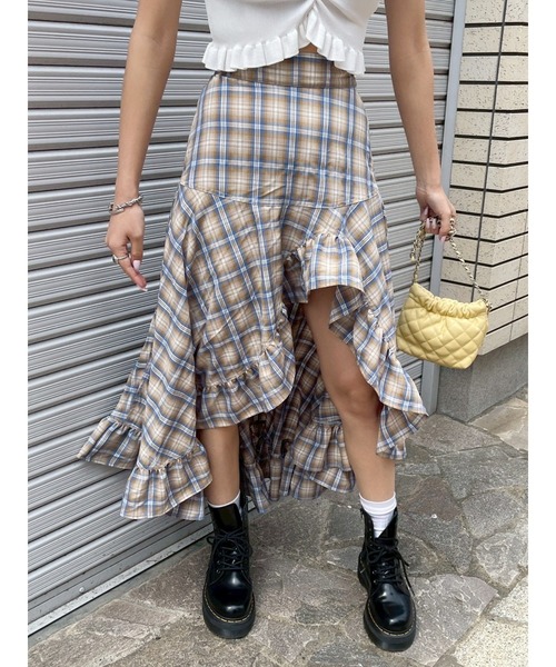EVRIS（エヴリス）の「ランダムチェックアシンメトリースカート（スカート・レディース・グレー/ベージュ・SMALL/MEDIUM）」の9枚目の写真