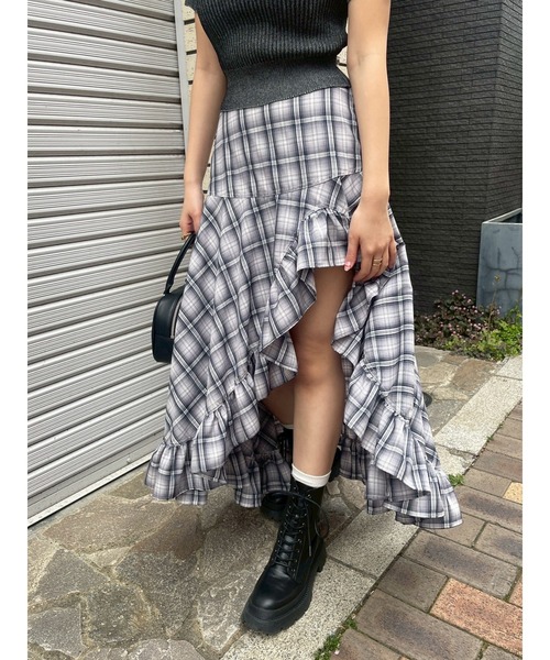 EVRIS（エヴリス）の「ランダムチェックアシンメトリースカート（スカート・レディース・グレー/ベージュ・SMALL/MEDIUM）」の10枚目の写真