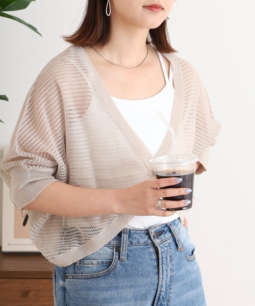 Anna Nicola（アンナニコラ）の「Anna Nicola 麻混透かし編みニットボレロ（カーディガン/ボレロ・レディース・グレイッシュベージュ/ブラック/ピンク/ターコイズブルー・38）」の14枚目の写真