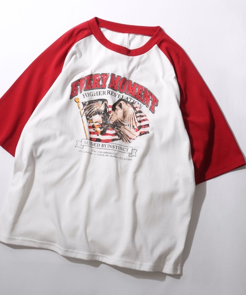 セール】Raglan Sleeve ＆ Ringer Print T-shirt/オーバーサイズ