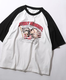 Raglan Sleeve & Ringer Print T-shirt/オーバーサイズ ヴィンテージライク ラグランスリーブ リンガーTシャツ 半袖Tシャツ レディース メンズ