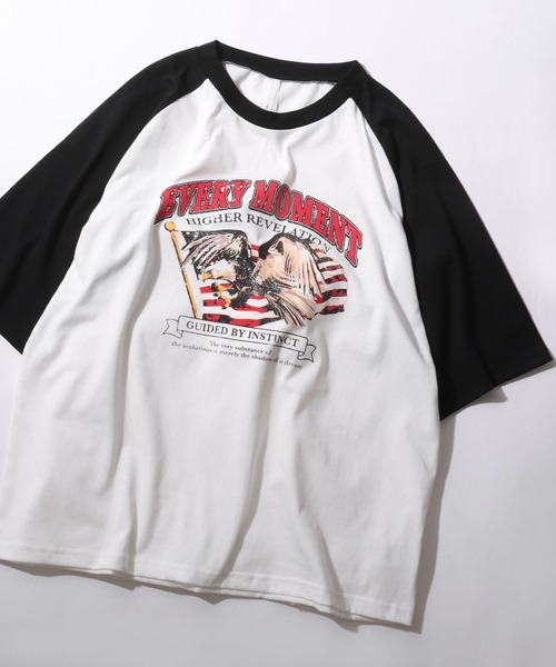 セール】Raglan Sleeve ＆ Ringer Print T-shirt/オーバーサイズ