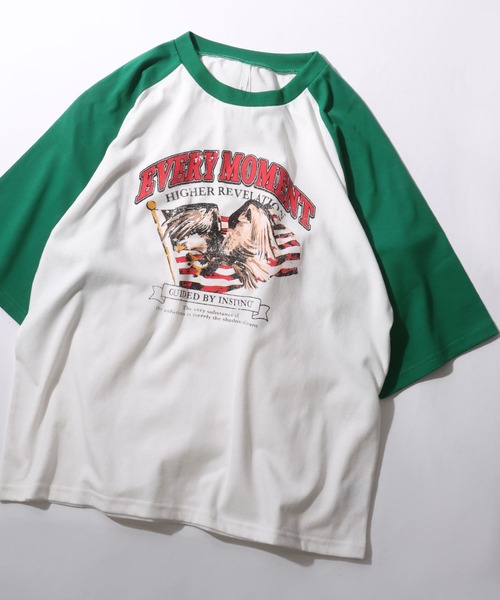 セール】Raglan Sleeve ＆ Ringer Print T-shirt/オーバーサイズ