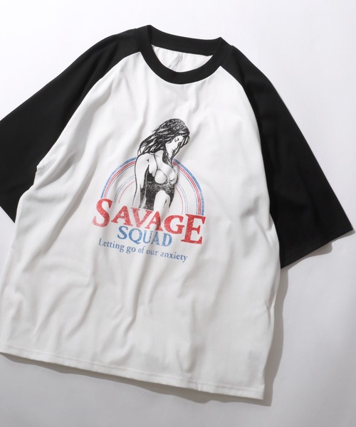 セール】Raglan Sleeve ＆ Ringer Print T-shirt/オーバーサイズ
